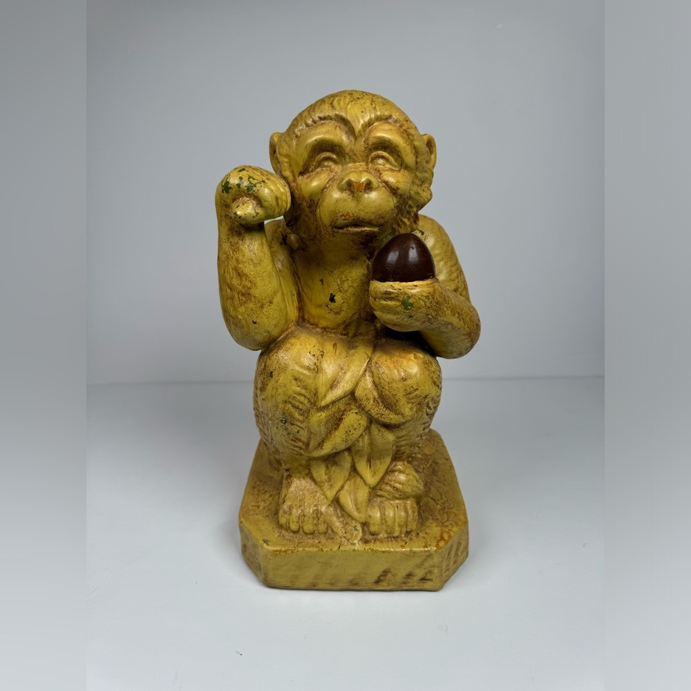 Majolica Monkey Holding Fruit Vintage Ceramic Decor Boho Rustic Figurine
